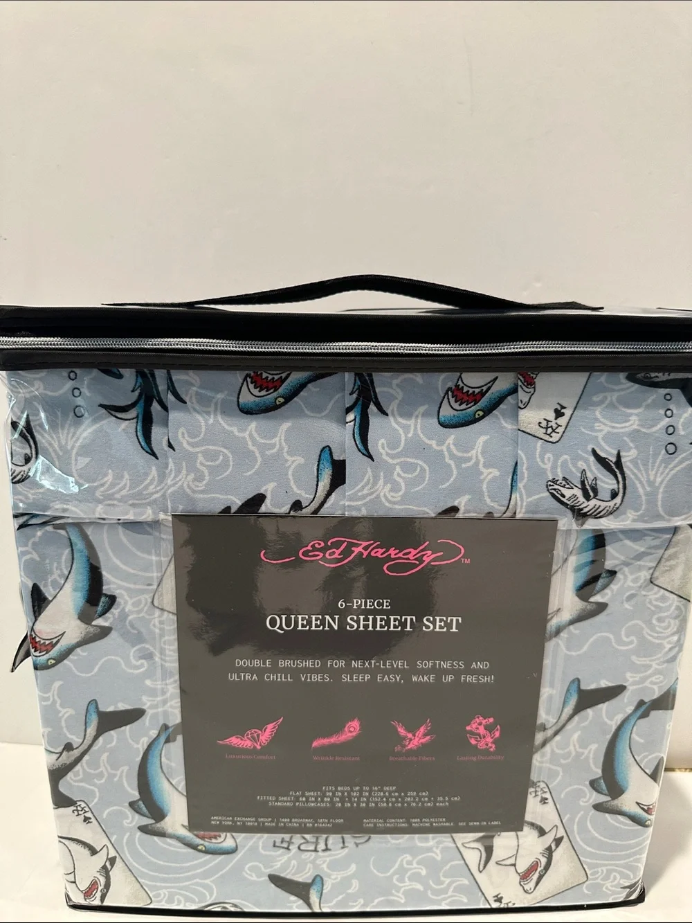NWT Ed Hardy Shark’s Collection 6 Piece Queen Sheet Set with 4 Pillowcases.